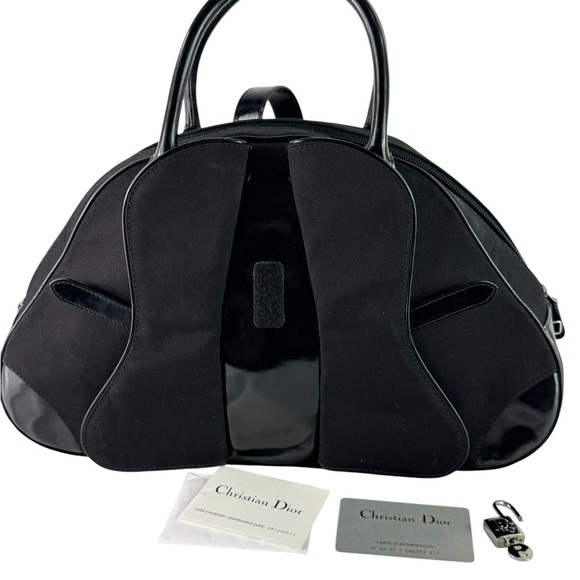 CHRISTIAN DIOR Black Patent Leather Fabric Vintage Double Saddle Bag - Picture 3 of 17